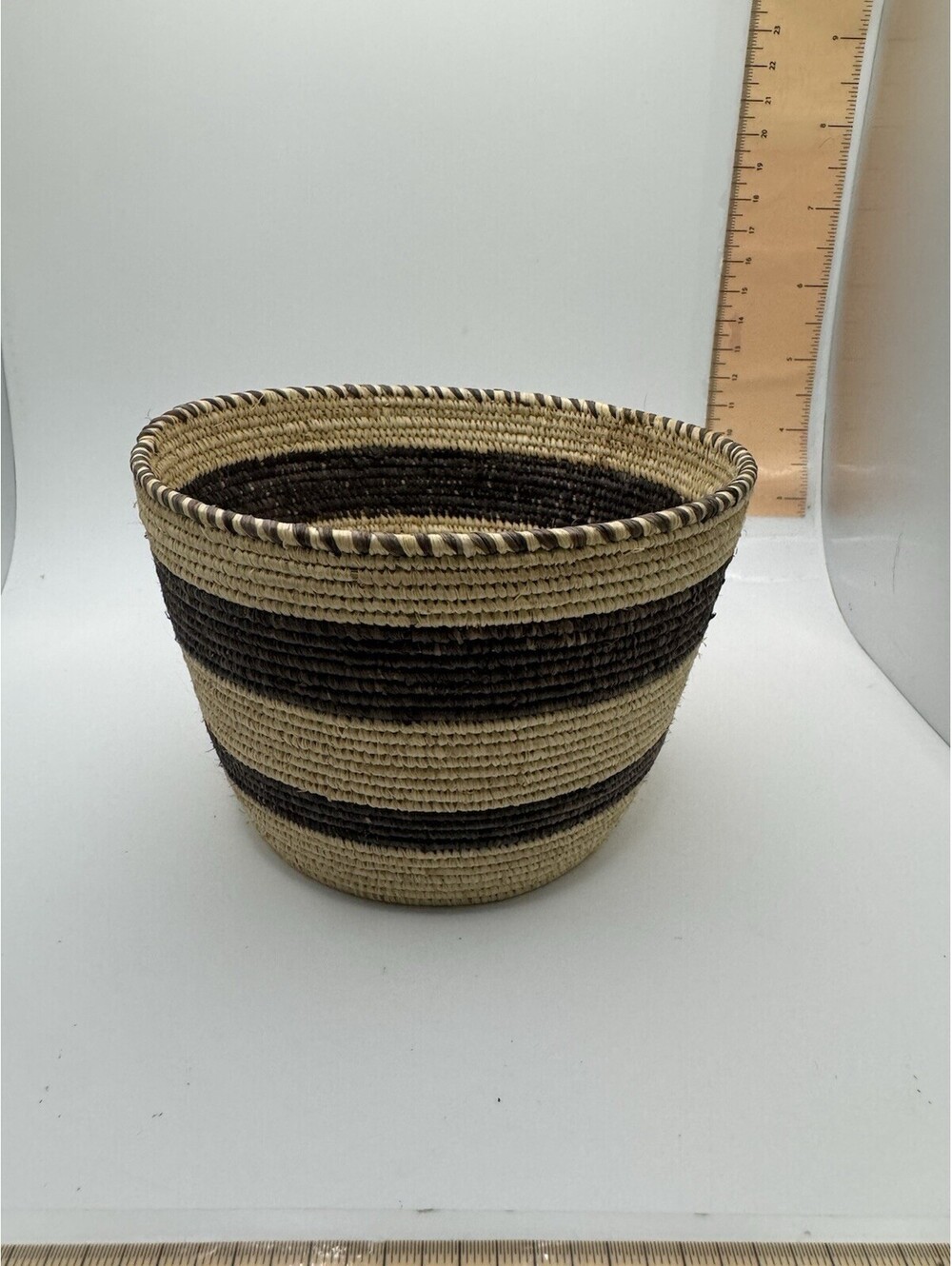 Handwoven Coiled Striped Basket Natural Fiber Boho Tribal Decor Brown Beige 7.5"